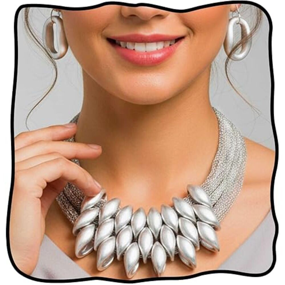 Statement Necklace Set Gold Leaf Design Chain Matching Drop Earrings for Women